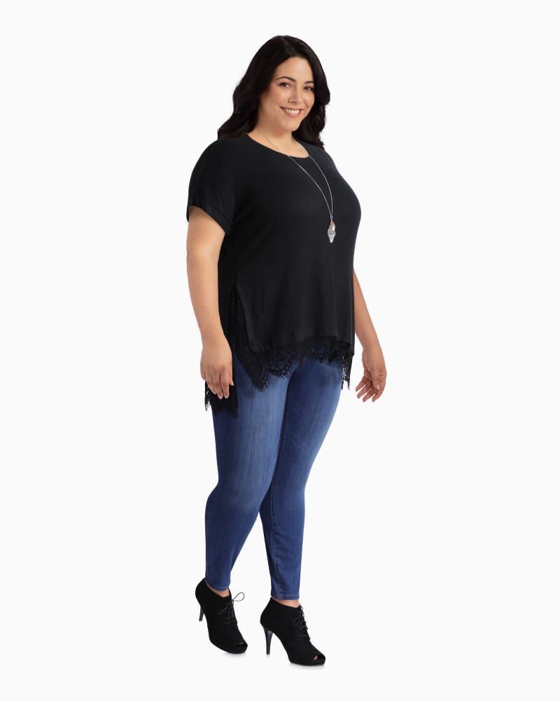 Plus size model with rectangle body shape wearing Rhea Lace Hem Top by Cameo | Dia&Co | dia_product_style_image_id:111340